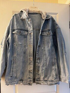 Women's Distressed Denim Jacket with Hood Size Large